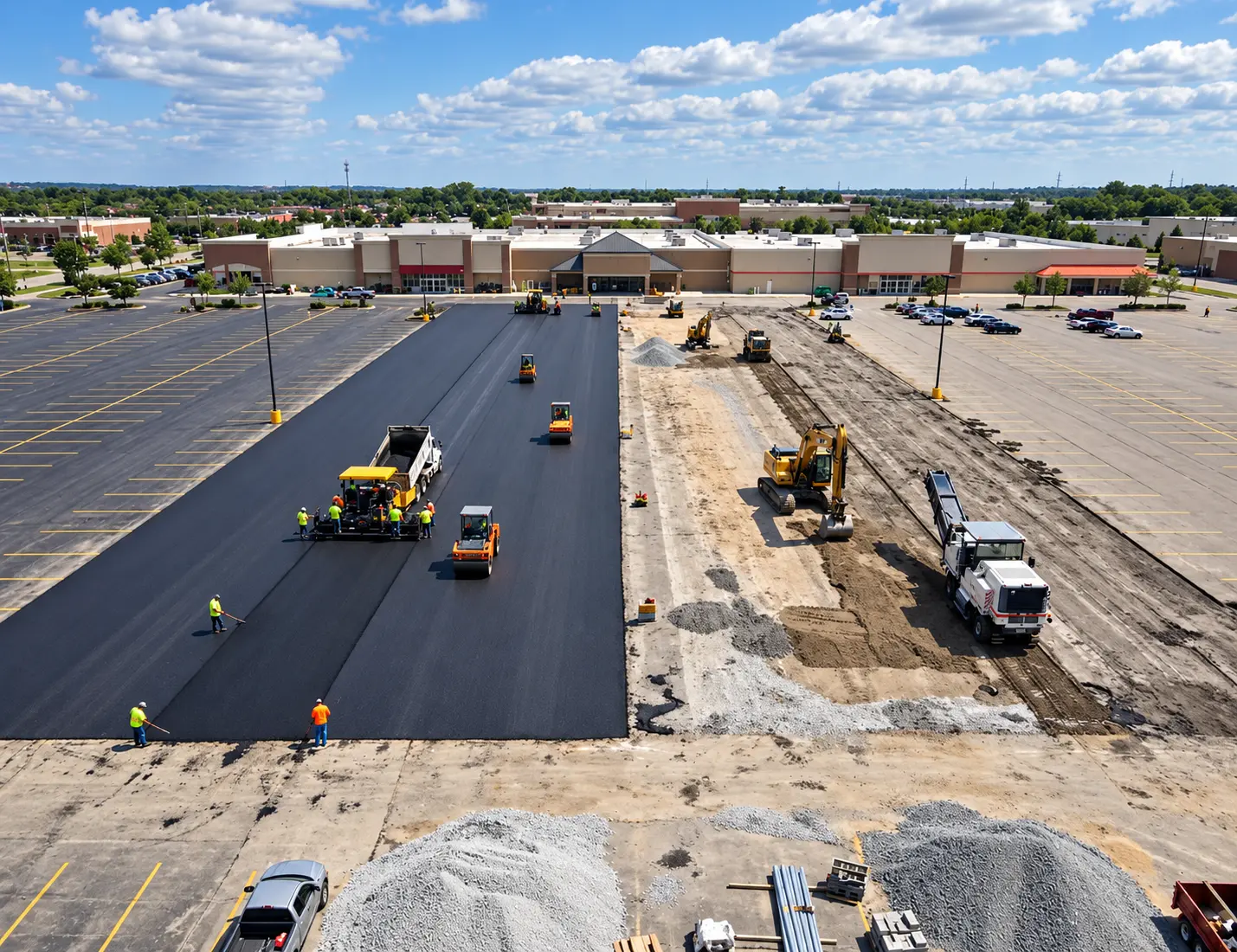 Asphalt paving and base preparation in a large parking lot