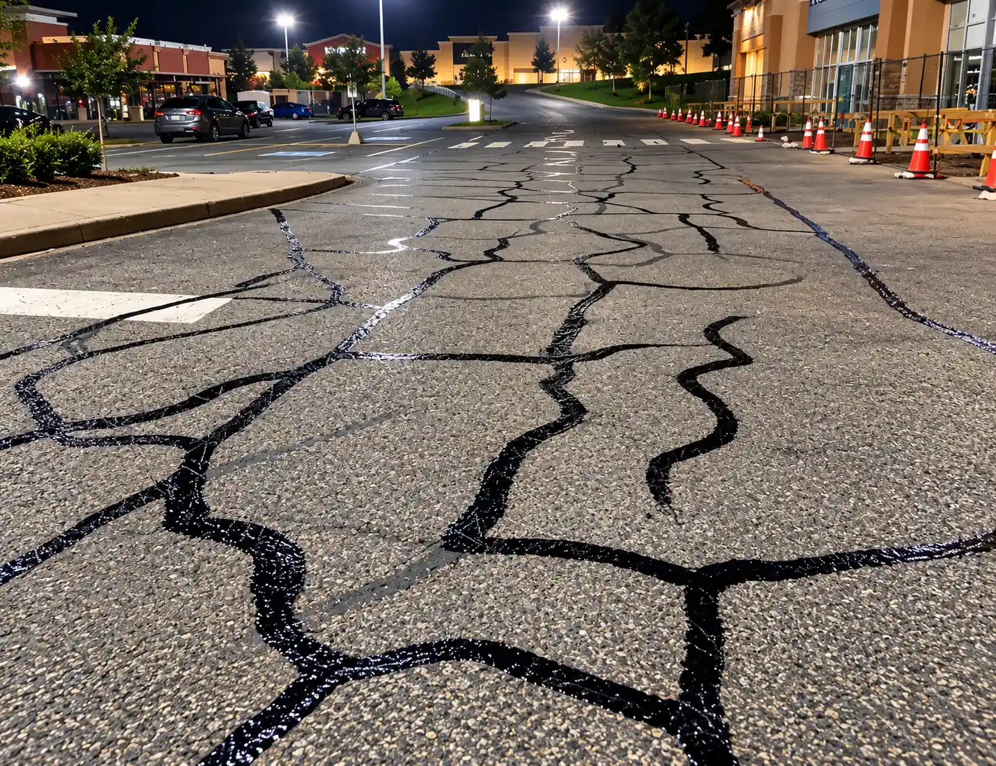 Filled cracks across a commercial parking area