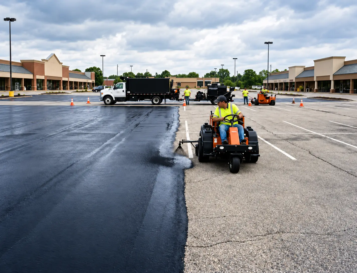 Crew working on sealcoating a commercial parking lot