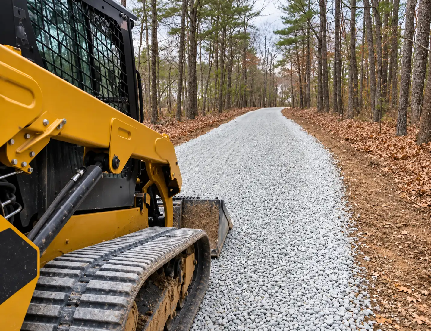 Gravel driveway and yellow grading equipment