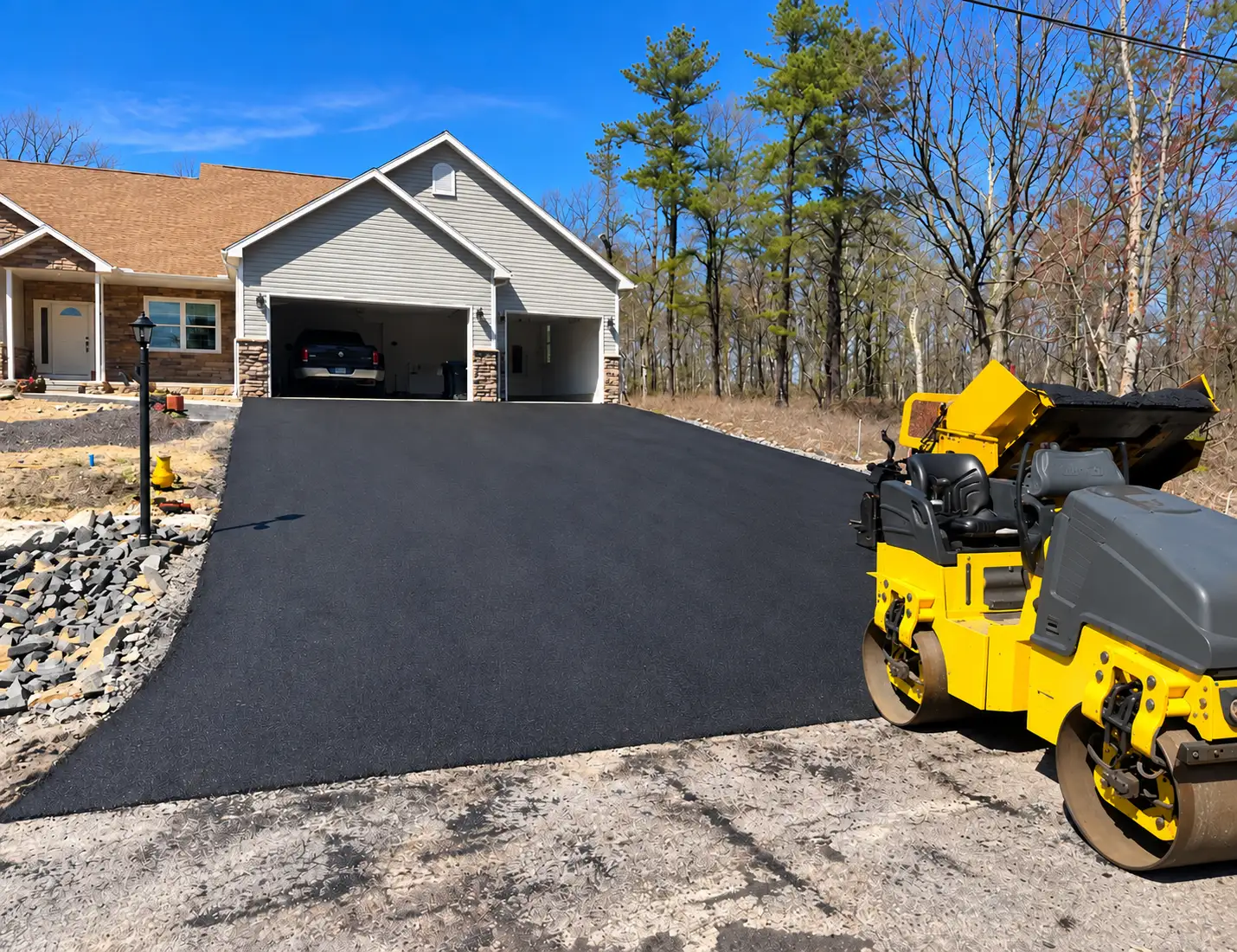 New asphalt driveway with yellow paving equipment