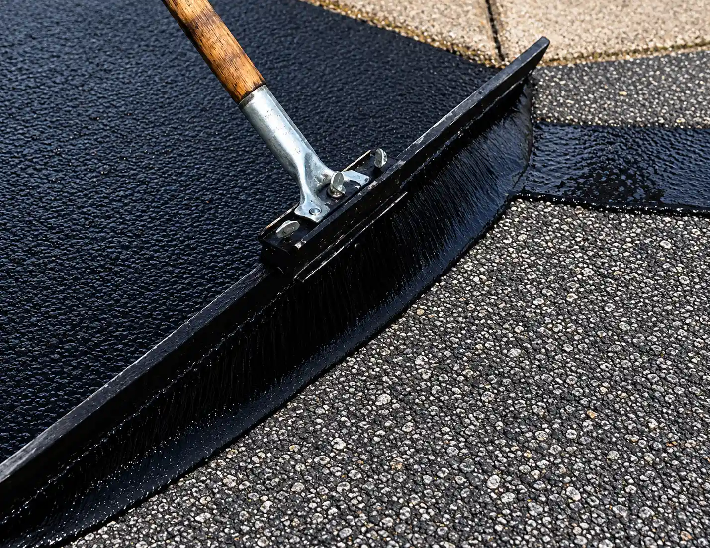 Wide brush spreading sealcoat across asphalt